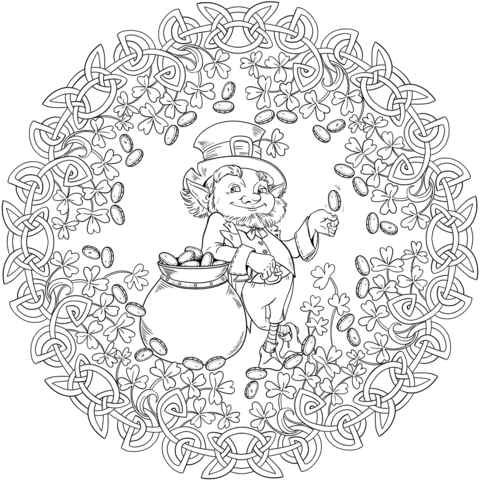 St. Patricks Day Mandala With Celrtic Knot, Shamrock, Leprechaun And Pot Of Gold Coloring Page